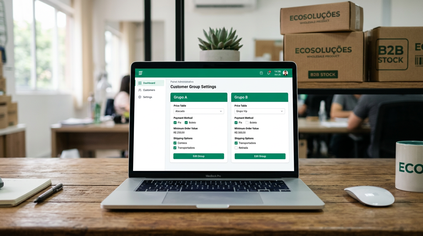 Painel do modo atacado B2B do Moovin Store com grupos de clientes, tabelas de preços, formas de pagamento, pedido mínimo e logística