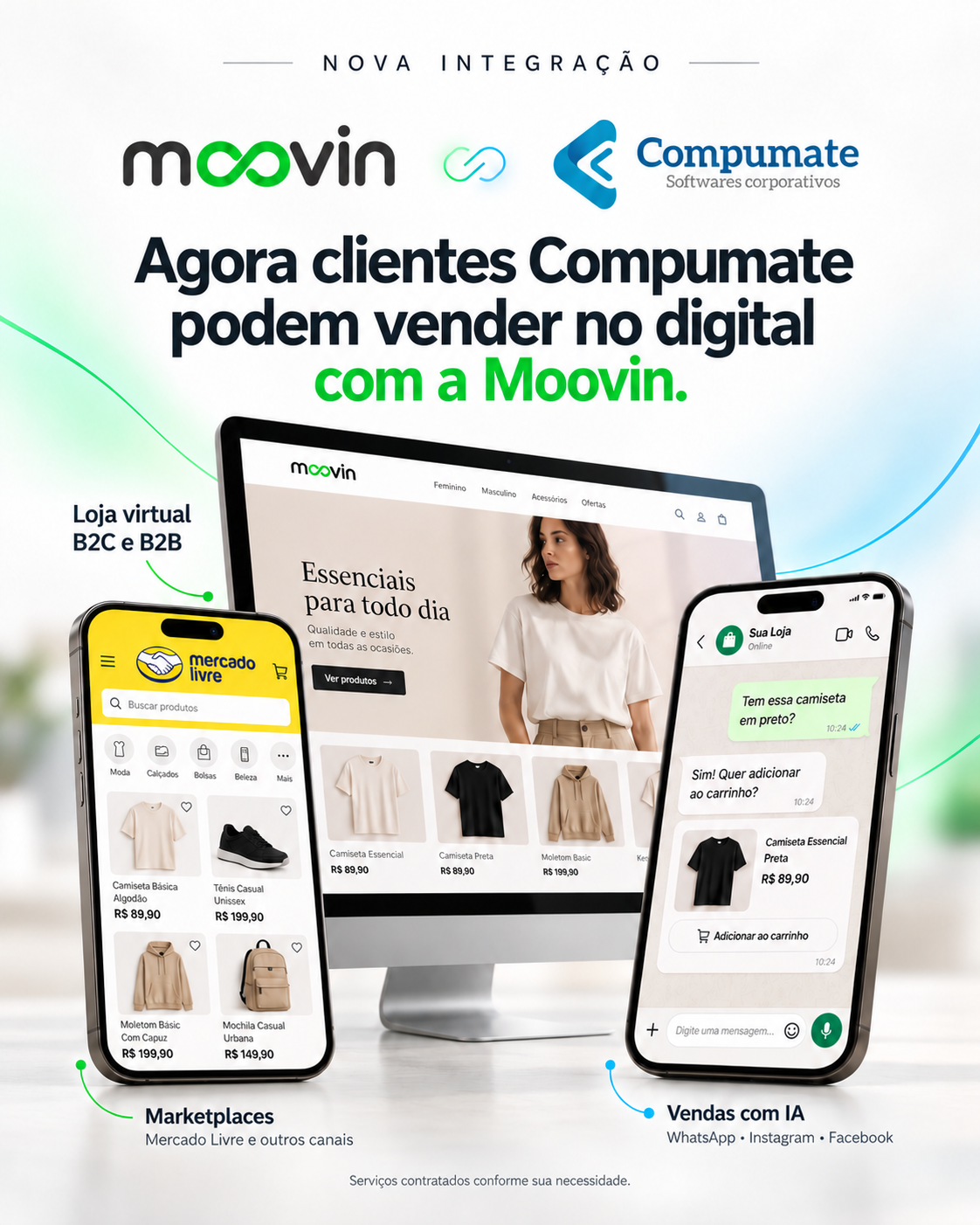 Logos da Moovin e da Compumate conectados, com loja virtual no computador, vitrine no Mercado Livre e venda com IA no WhatsApp