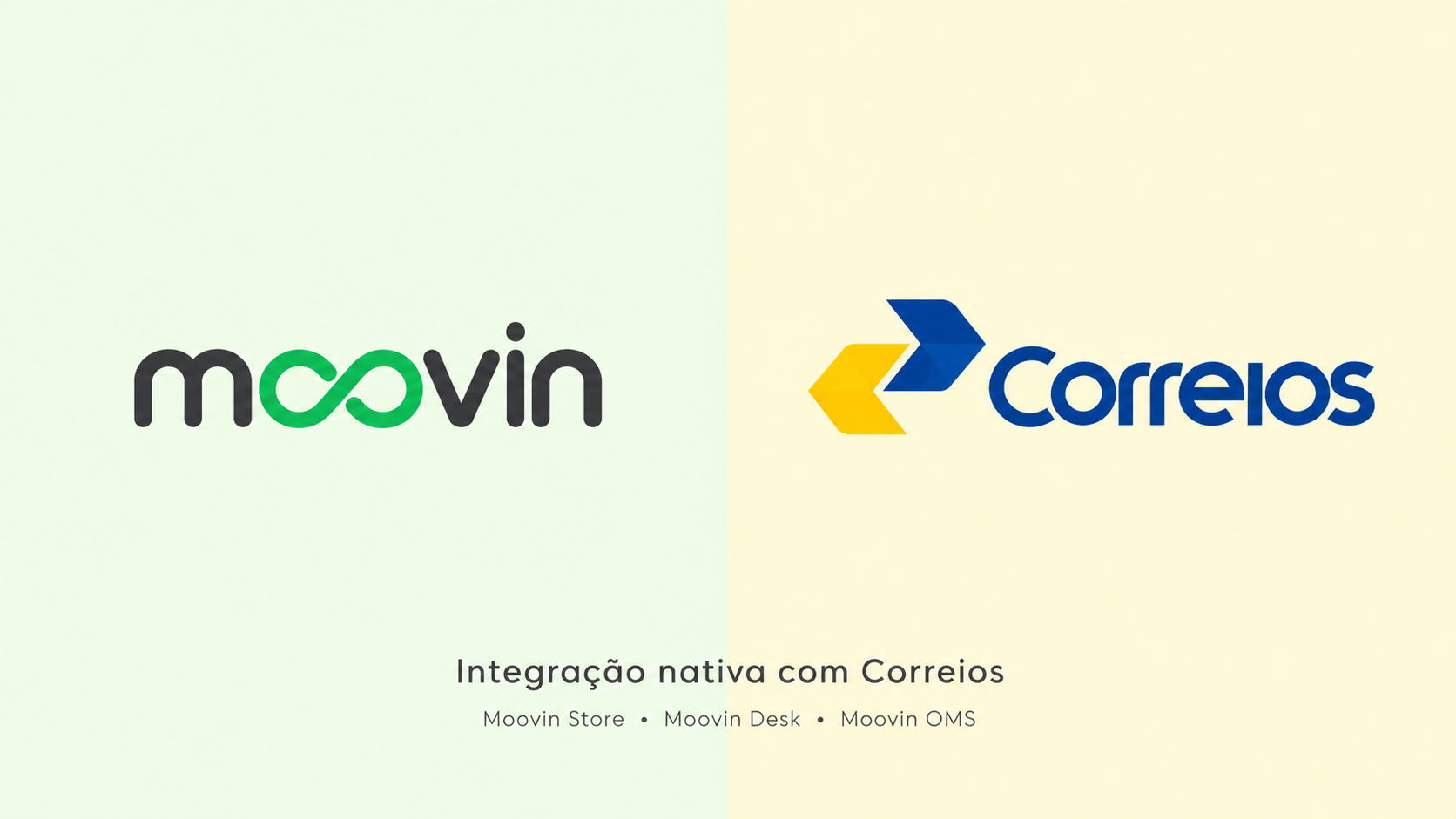 Logos da Moovin e dos Correios lado a lado: integração nativa com Moovin Store, Moovin Desk e Moovin OMS