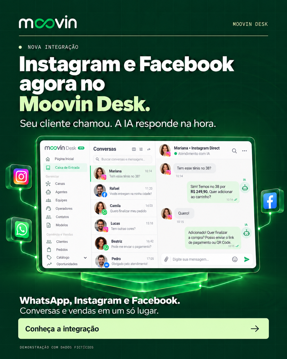 Tela do Moovin Desk com conversas do Instagram, Facebook e WhatsApp na mesma caixa de entrada e a IA respondendo uma cliente no Instagram Direct sobre um tênis tamanho 38